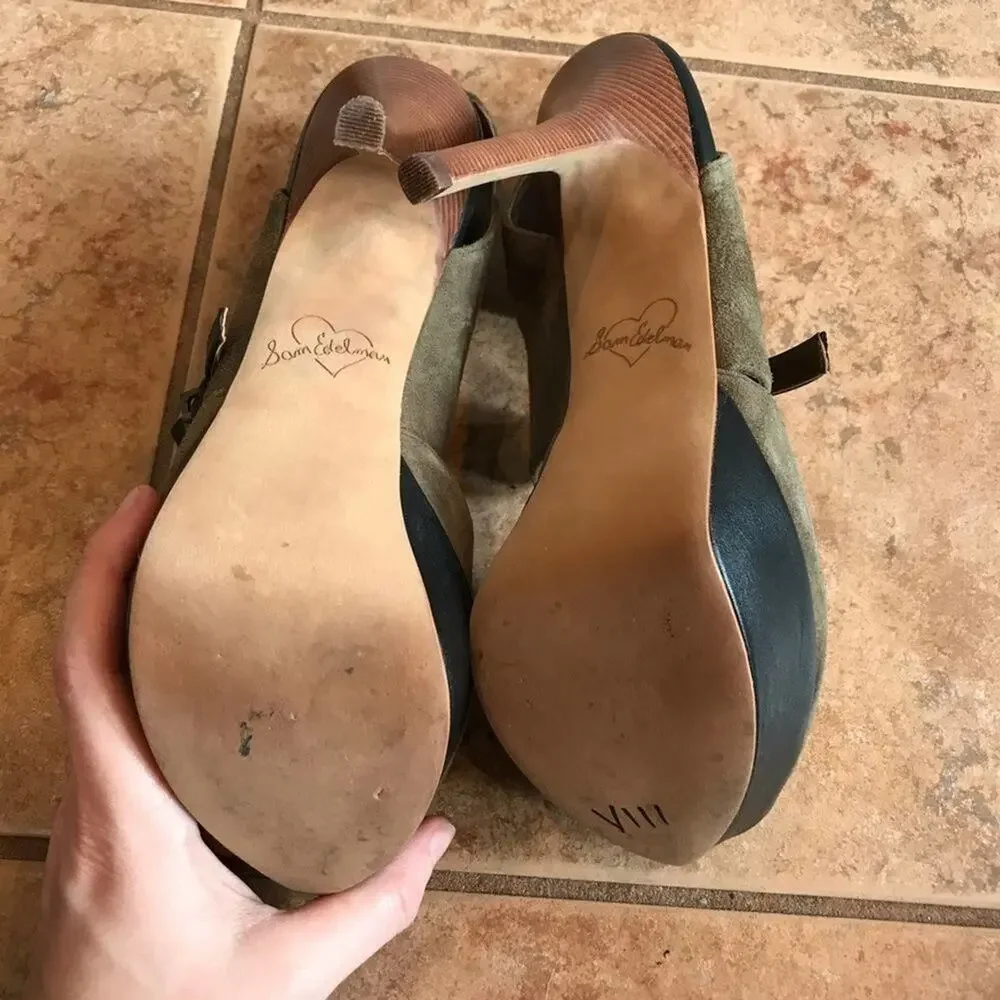 Sam Edelman Olive Green & Black Suede Platform Heels